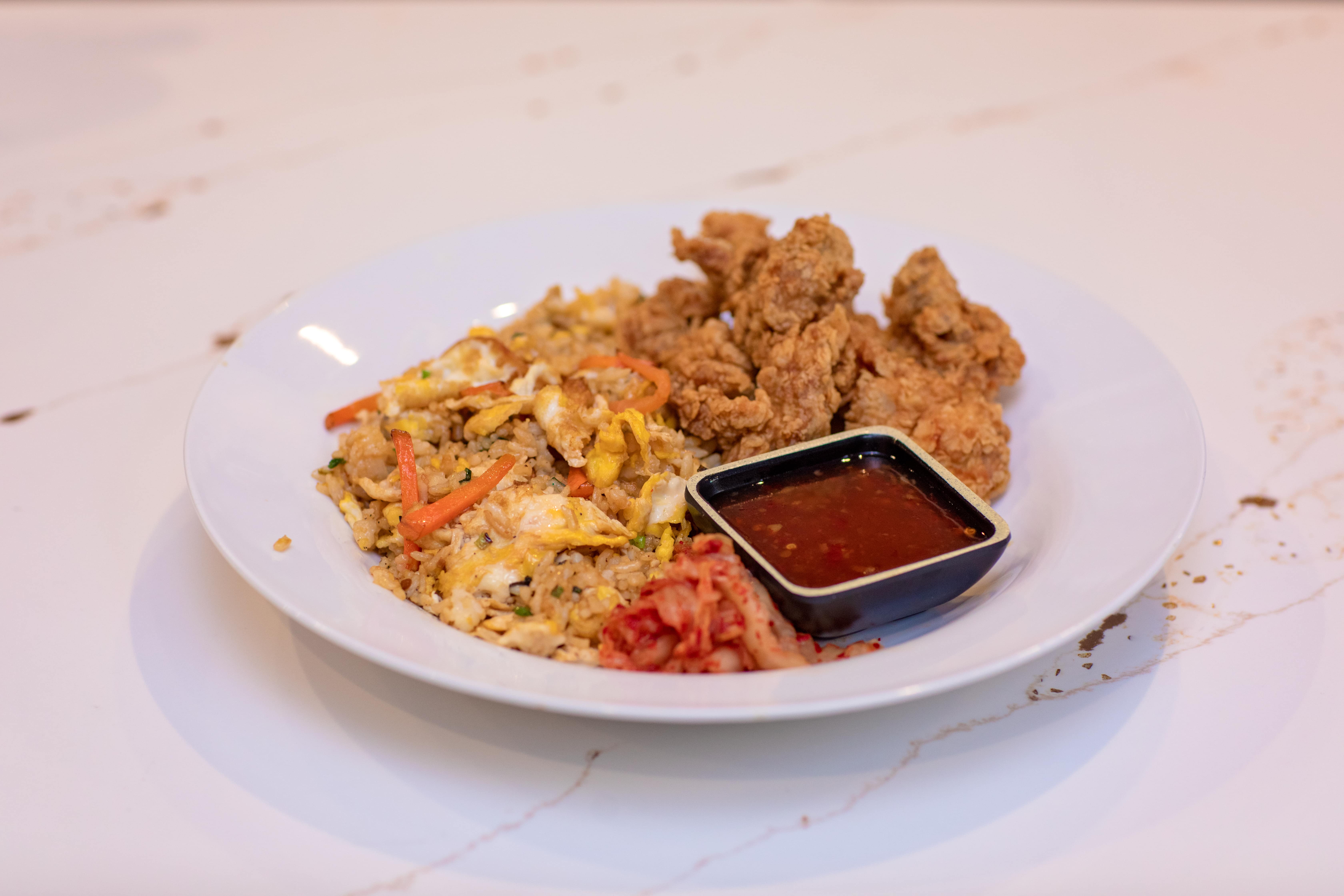 Korean fried chicken with rice and sweet-chili sauce